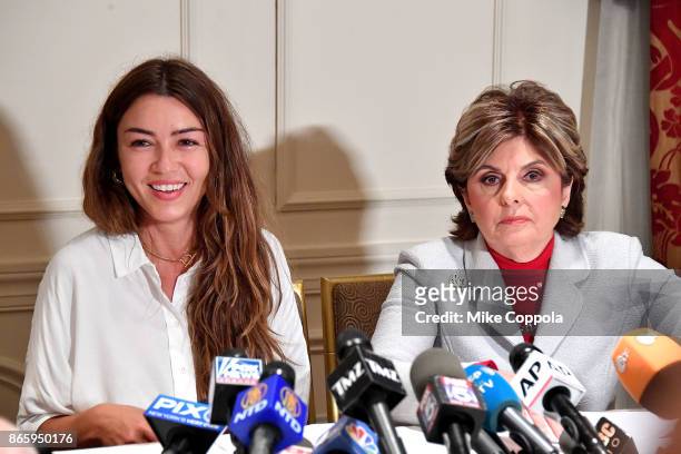 New alleged victim of Harvey Weinstein, Mimi Haleyi and Attorney Gloria Allred speak during a press conference held at Lotte New York Palace on...