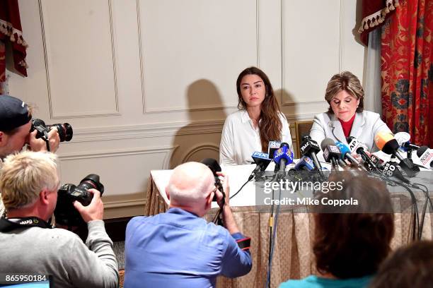 New alleged victim of Harvey Weinstein, Mimi Haleyi and Attorney Gloria Allred speak during a press conference held at Lotte New York Palace on...