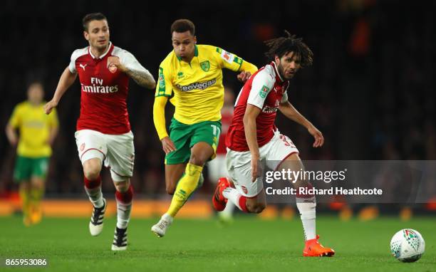 Yanic Wildschut of Norwich City and Mohamed Elneny of Arsenal in action during the Carabao Cup Fourth Round match between Arsenal and Norwich City at...