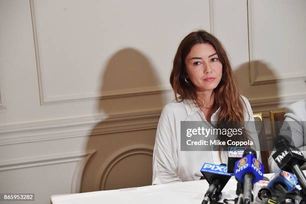 New alleged victim of Harvey Weinstein, Mimi Haleyi speaks at a press conference held by Attorney Gloria Allred at Lotte New York Palace on October...