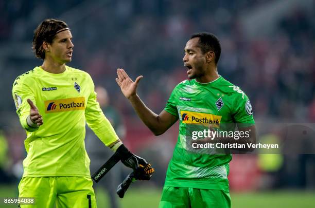 Yann Sommer and Raffael of Borussia Moenchengladbach celebrate winning the DFB Cup match between Fortuna Duesseldorf and Borussia Moenchengladbach at...