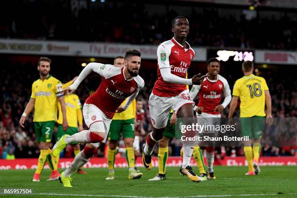 Edward Nketiah of Arsenal celebrates scoring the first Arsenal goal during the Carabao Cup Fourth Round match between Arsenal and Norwich City at...