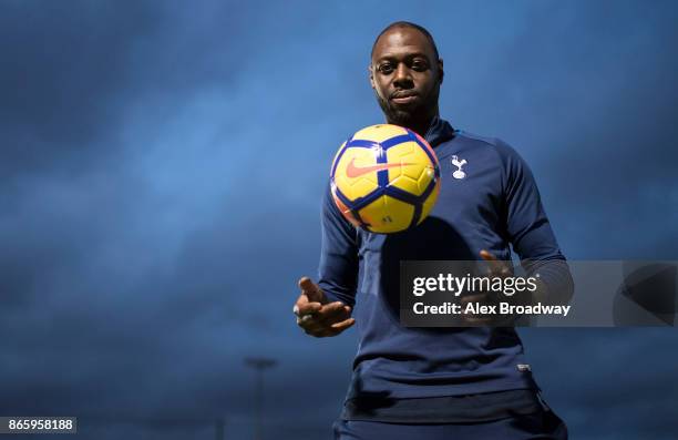 Ledley King, Tottenham Hotspur Foundation ambassador poses for a picture with the new Nike Ordem V Hi-Vis ball on October 24, 2017 in London,...