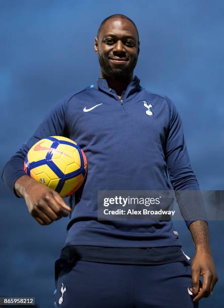Ledley King, Tottenham Hotspur Foundation ambassador poses for a picture with the new Nike Ordem V Hi-Vis ball on October 24, 2017 in London,...