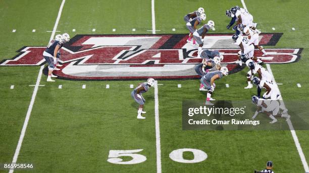 The Massachusetts Minutemen set for a play during the second half of the game against the Georgia Southern Eagles at McGuirk Alumni Staium on October...