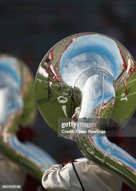 The field reflected in a Massachusetts Minutemen marching band tuba before the game against the Georgia Southern Eagles at McGuirk Alumni Staium on...