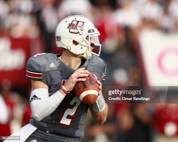 Quarterback Ross Comis of the Massachusetts Minutemen looks to pass during the game against the Georgia Southern Eagles at McGuirk Alumni Staium on...