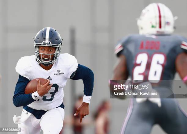 Quarterback Kado Brown of the Georgia Southern Eagles rushes during the game against the Massachusetts Minutemen at on October 21, 2017 in Hadley,...