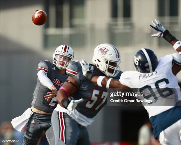 Quarterback Ross Comis of the Massachusetts Minutemen throws a pass during the first half game against the Georgia Southern Eagles at McGuirk Alumni...