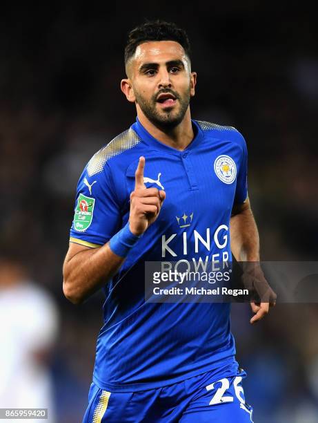 Riyad Mahrez of Leicester City celebrates scoring his sides third goal during the Caraboa Cup Fourth Round match between Leicester City and Leeds...