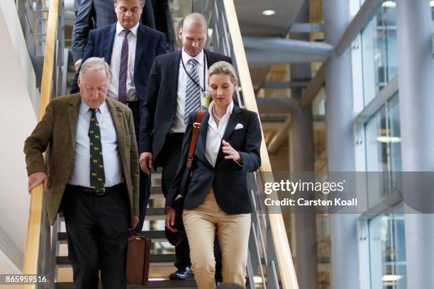 Co-leader of the AfD Bundestag faction Alice Weidel and Co-leader of the AfD Bundestag faction Alexander Gauland walk to the opening session of the...