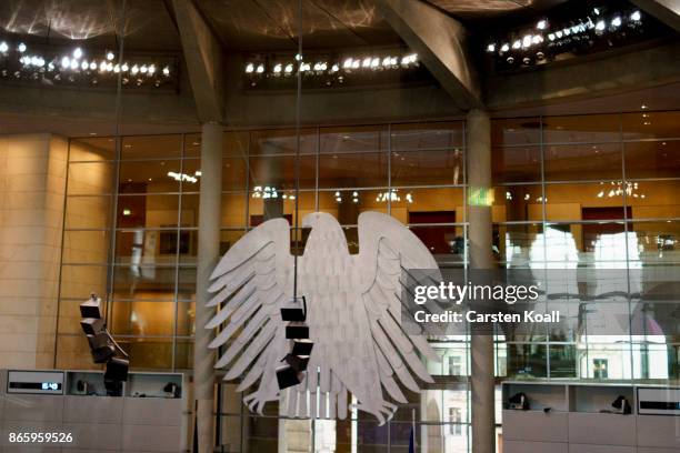 The icon of the German Bundestag is hanging in the plenary hall on October 24, 2017 in Berlin, Germany. Today's is the first session since German...