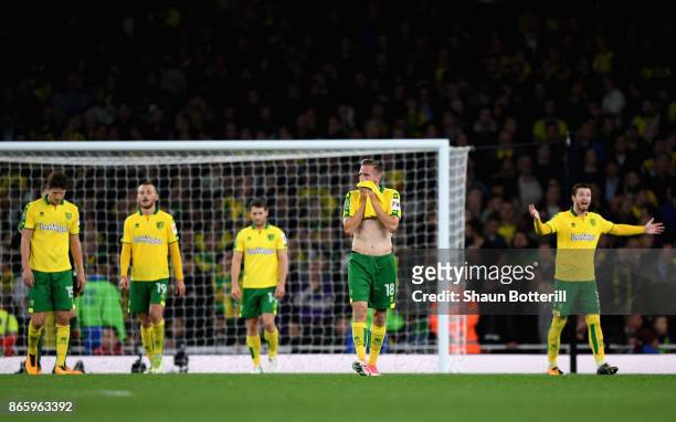 Players of Norwich City looks dejected after the Carabao Cup Fourth Round match between Arsenal and Norwich City at Emirates Stadium on October 24,...