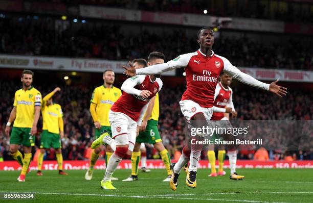 Edward Nketiah celebrates scoring the first Arsenal goal during the Carabao Cup Fourth Round match between Arsenal and Norwich City at Emirates...