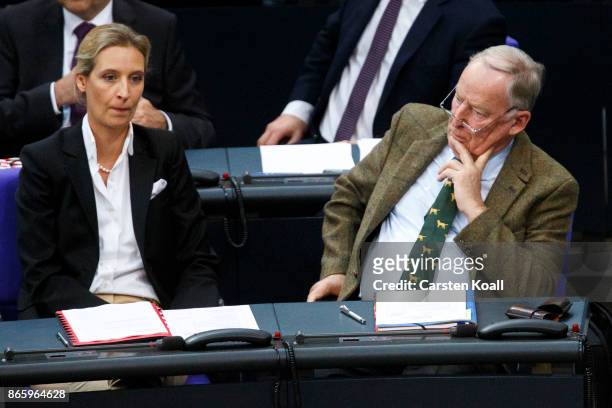 Co-leader of the AfD Bundestag faction Alice Weidel and Co-leader of the AfD Bundestag faction Alexander Gauland attend the opening session of the...