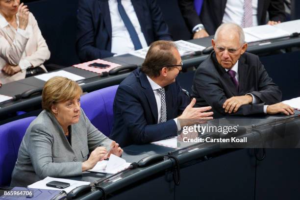 German Chancellor Angela Merkel , German Transport Minister Alexander Dobrindt and candidate for the President of the Bundestag Wolfgang Schaeuble...