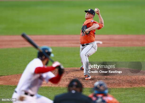 Will Harris of the Houston Astros pitches during the game against the Boston Red Sox at Fenway Park on October 1, 2017 in Boston, Massachusetts.