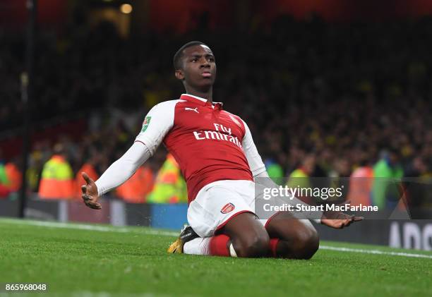 Eddie Nketiah celebrates scoring the 2nd Arsenal goal during the Carabao Cup Fourth Round match between Arsenal and Norwich City at Emirates Stadium...