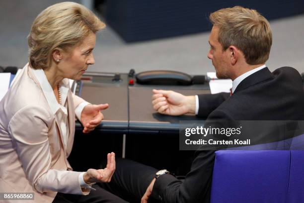 Christian Lindner of the Free Democratic Party and German Defense Minister Ursula von der Leyen of the German Christian Democrats chat during the...