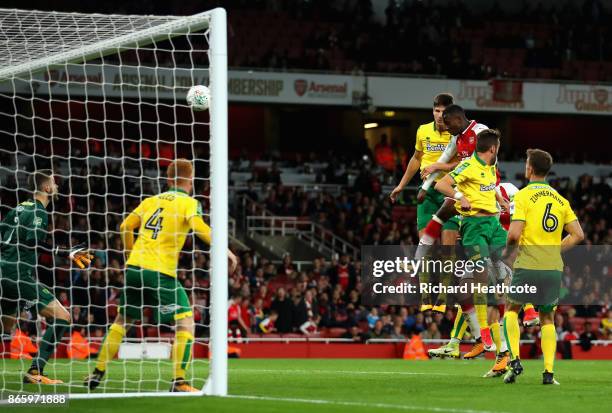 Edward Nketiah of Arsenal scores the second Arsenal goal during the Carabao Cup Fourth Round match between Arsenal and Norwich City at Emirates...