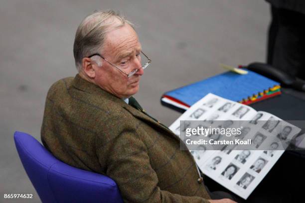 Co-leader of the AfD Bundestag faction Alexander Gauland attends the opening session of the new Bundestag on October 24, 2017 in Berlin, Germany....
