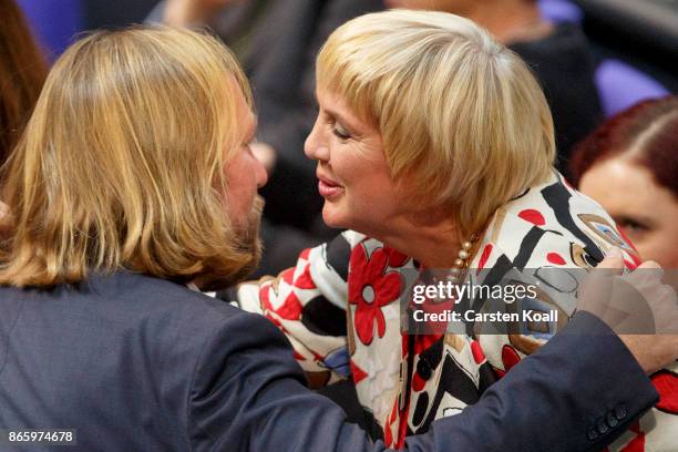 Newly-elected Bundestag Vice-President Claudia Rot receives the congratulation of faction leader of the the German Greens Party Anton Hofreiter...