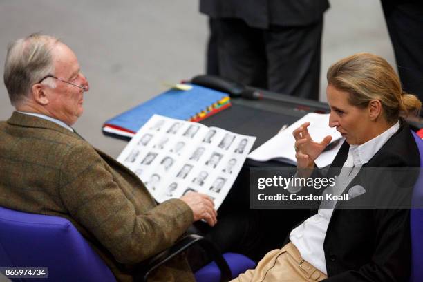 Co-leader of the AfD Bundestag faction Alice Weidel and Co-leader of the AfD Bundestag faction Alexander Gauland attend the opening session of the...