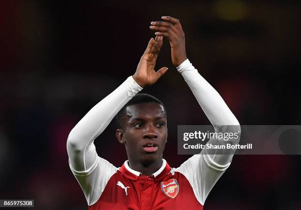 Edward Nketiah of Arsenal celebrates after Arsenal won the Carabao Cup Fourth Round match between Arsenal and Norwich City at Emirates Stadium on...