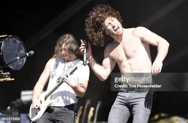Mark Vollelunga and Jonny Hawkins of Nothing More perform during the Monster Energy Aftershock Festival at Discovery Park on October 21, 2017 in...