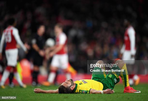 Timm Klose of Norwich City looks dejected after the Carabao Cup Fourth Round match between Arsenal and Norwich City at Emirates Stadium on October...
