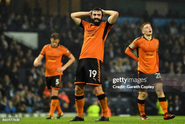Jack Price of Wolverhampton Wanderers reacts during the Carabao Cup Fourth Round match between Manchester City and Wolverhampton Wanderers at Etihad...