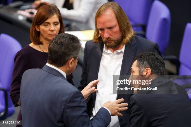 German Vice Chancellor and Foreign Minister Siegmar Gabriel talks to co-leaders of the German Greens Party Katrin Goering-Eckardt and Cem Ozdemir ,...