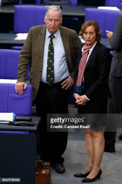 Alexander Gauland and Beatrix von Storch of the right-wing Alternative for Germany attend the opening session of the new Bundestag on October 24,...