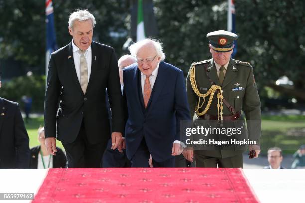 Irish President Michael D. Higgins arrives with Speaker of the House David Carter during a visit to Parliament on October 25, 2017 in Wellington, New...