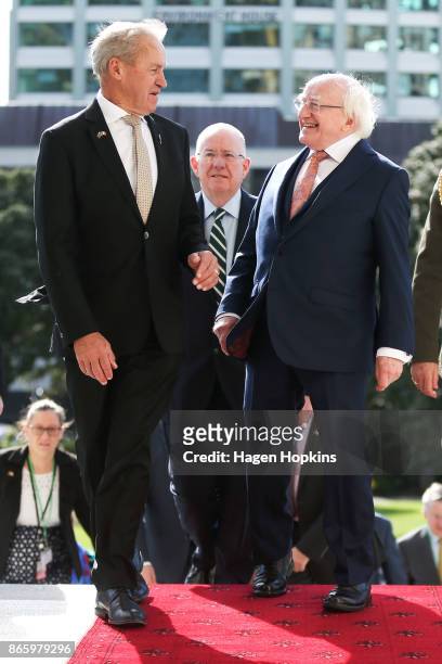 Irish President Michael D. Higgins arrives with Speaker of the House David Carter during a visit to Parliament on October 25, 2017 in Wellington, New...