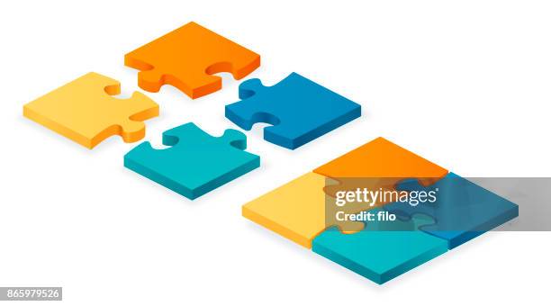 puzzle pieces together and apart - 3d jigsaw stock illustrations