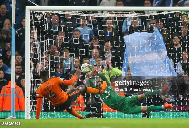 Claudio Bravo of Manchester City saves penalty during the Carabao Cup Fourth Round match between Manchester City and Wolverhampton Wanderers at...