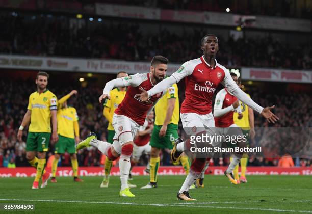 Eddie Nketiah celebrates scoring the first Arsenal goal during the Carabao Cup fourth round match between Arsenal and Norwich City at Emirates...
