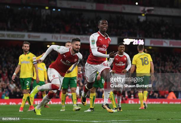 Eddie Nketiah celebrates scoring the first Arsenal goal during the Carabao Cup fourth round match between Arsenal and Norwich City at Emirates...