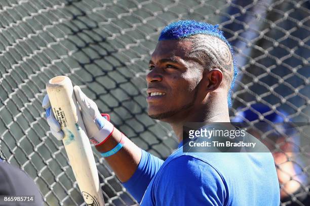 Yasiel Puig of the Los Angeles Dodgers looks on before game one of the 2017 World Series against the Houston Astros at Dodger Stadium on October 24,...
