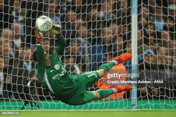 Goalkeeper Claudio Bravo Manchester City saves a penalty from Alfred NDiaye of Wolverhampton Wanderers during the penalty shoot out in the Carabao...