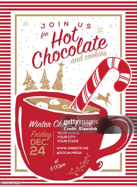 illustrazioni stock, clip art, cartoni animati e icone di tendenza di modello di design per la festa di invito cioccolata calda e biscotti - hot chocolate