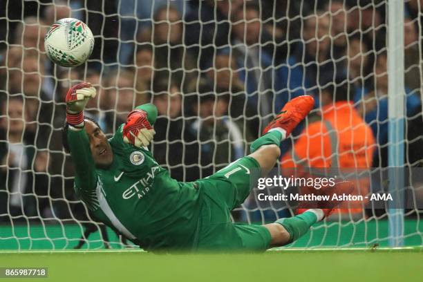 Goalkeeper Claudio Bravo Manchester City saves a penalty from Alfred NDiaye of Wolverhampton Wanderers during the penalty shoot out in the Carabao...