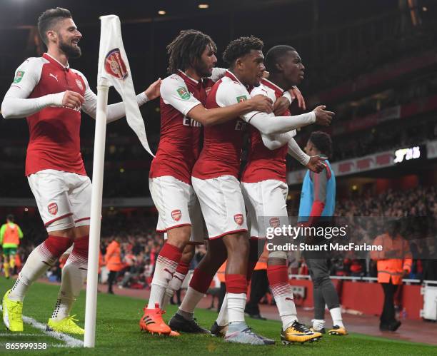 Eddie Nketiah celebrates scoring the 1st Arsenal goal with Alex Iwobi, Mohamed Elneny and Olivier Giroud during the Carabao Cup Fourth Round match...