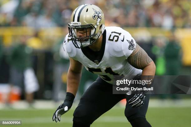 Manti Te'o of the New Orleans Saints plays linebacker in the second quarter against the Green Bay Packers at Lambeau Field on October 22, 2017 in...