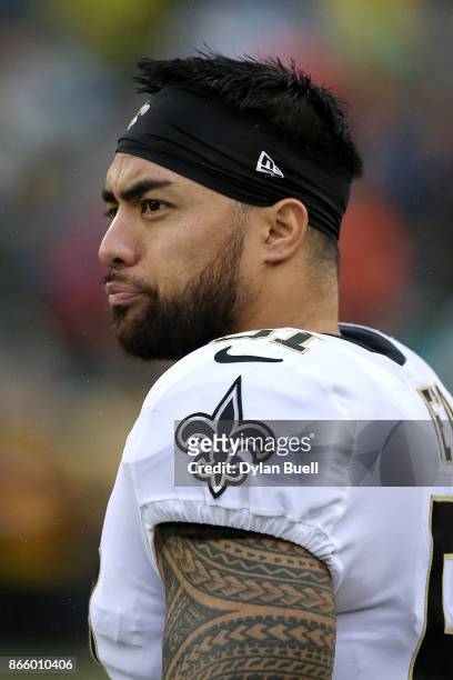 Manti Te'o of the New Orleans Saints looks on before the game against the Green Bay Packers at Lambeau Field on October 22, 2017 in Green Bay,...