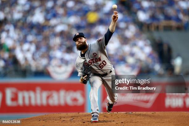 Dallas Keuchel of the Houston Astros throws a pitch during the first inning against the Los Angeles Dodgers in game one of the 2017 World Series at...