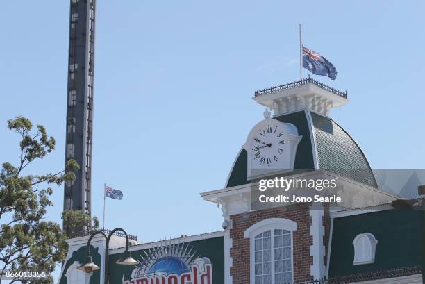 The Australian flag can be seen at half-mast at Dreamworld on October 25, 2017 in Gold Coast, Australia. Four people were killed following an...