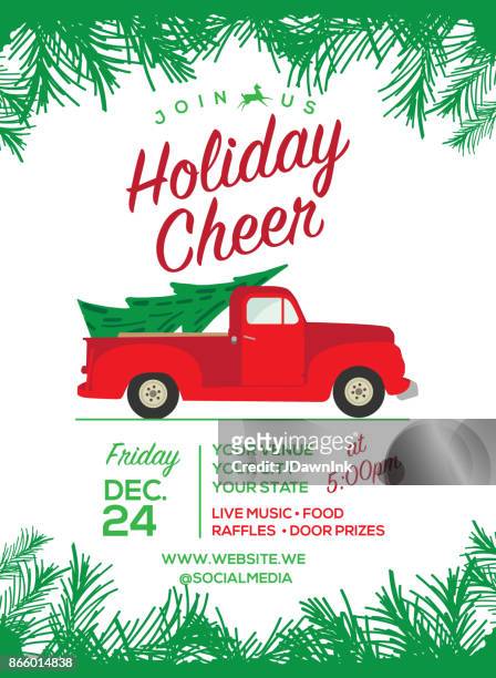 bildbanksillustrationer, clip art samt tecknat material och ikoner med julglädje fest inbjudan formgivningsmall - christmas truck