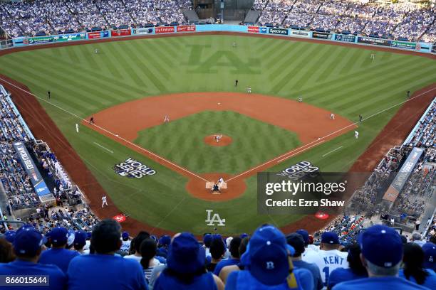 General view as Dallas Keuchel of the Houston Astros throws a pitch during the first inning against the Los Angeles Dodgers in game one of the 2017...